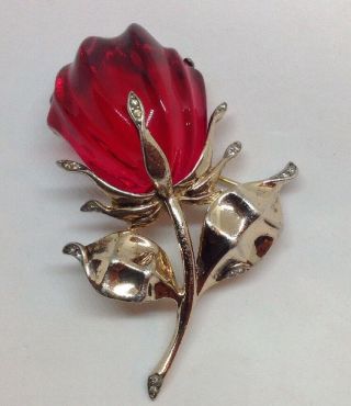 Rare Red Rose Alfred Philippe Trifari Lucite Jelly Belly Sterling Flower Pin