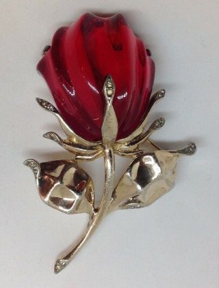 Rare RED Rose Alfred Philippe TRIFARI Lucite Jelly Belly Sterling Flower Pin 2