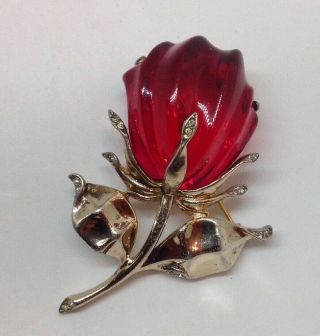 Rare RED Rose Alfred Philippe TRIFARI Lucite Jelly Belly Sterling Flower Pin 3