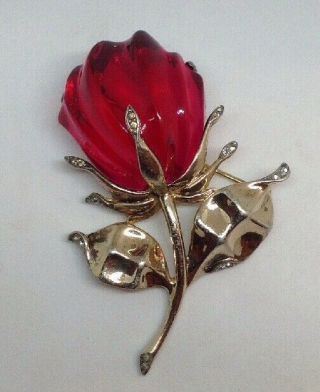 Rare RED Rose Alfred Philippe TRIFARI Lucite Jelly Belly Sterling Flower Pin 4