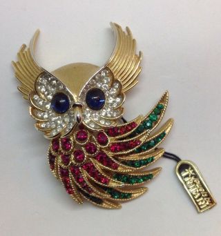 Vintage Signed Trifari Philippe Invisibly Set Ruby and Emerald Firebirds Owl Pin 2