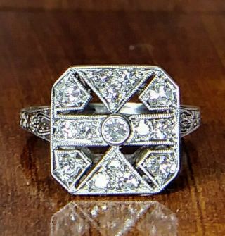 Antique Art Deco 1/3 Carat Natural Diamond Ring Platinum Cluster w/ Sizing 2