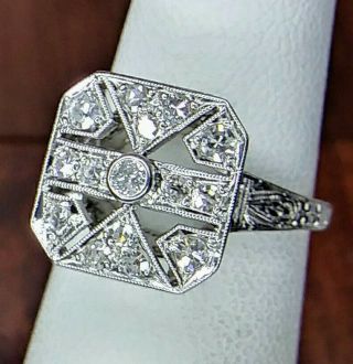 Antique Art Deco 1/3 Carat Natural Diamond Ring Platinum Cluster w/ Sizing 4