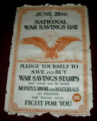 Orig National War Savings Day Poster Wwi Stamps Home Front Wss Eagle Liberty