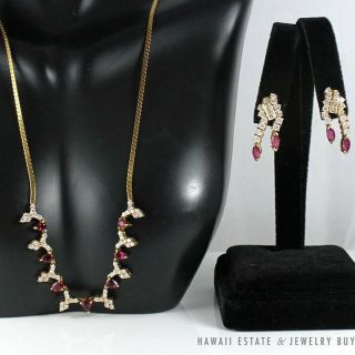 Vintage Ruby & 2.  60ctw Diamond 18k Yellow Gold Necklace & Earrings W/ Appraisal