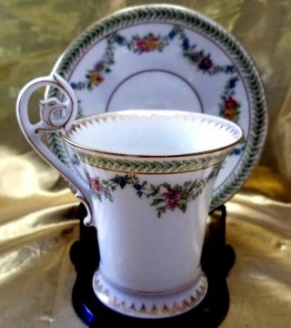 Antique Limoges T & V Chocolate Cup & Saucer Ornate Swan Handle Gold Gilt
