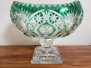 Large Emerald Green Boat Bowl Cut To Clear Crystal Echt Bleikristall Germany