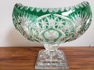 Large EMERALD GREEN BOAT BOWL CUT TO CLEAR CRYSTAL ECHT BLEIKRISTALL GERMANY 2
