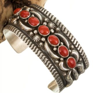 Navajo Coral Bracelet Cuff Darryl Becenti Natural Sterling Silver Old Style Row