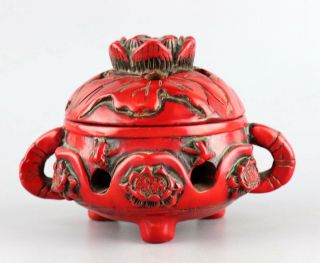 Collectable Antique Red Coral Hand Carve Delicate Noble Hollow Out Lotus Censer