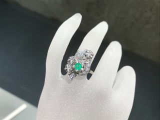 Vintage 1950’s Emerald And Diamonds Blossoms Ring 14k White Gold