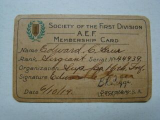 Wwi 1917 Society First Division A.  E.  F.  Army Expeditionary Force Membership Card