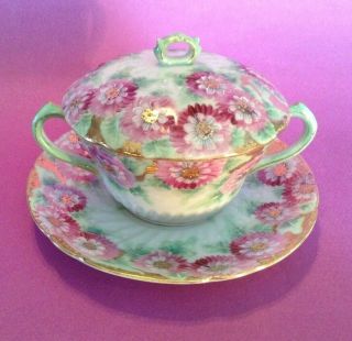 Hand Painted Covered Bouillon Cup And Saucer - Green Pink And Gold - Nippon Japan
