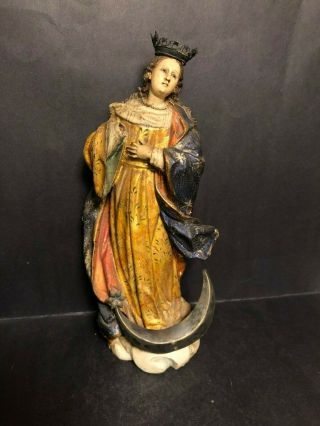 Rare Antique 18th Century Wood Polychrome Santos Madonna Sculpture Statue Silver