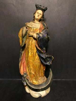 RARE ANTIQUE 18TH CENTURY WOOD POLYCHROME SANTOS MADONNA SCULPTURE STATUE SILVER 2