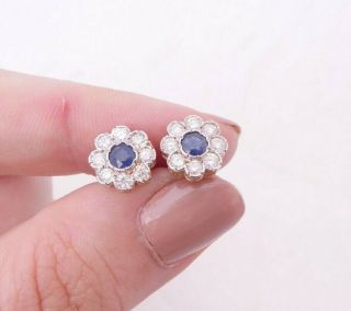 18ct Gold Sapphire Diamond Cluster Earrings,  Art Deco Design 18k 750