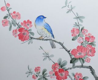 Japan Shikishi Painting Picture Art Japanese Quince Bird Hand Painted Vintage