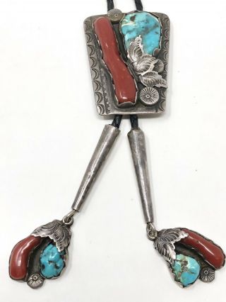 Old Pawn Navajo Turquoise Red Coral Bolo Sterling 67.  9g Hand Stamped Vtg Estate