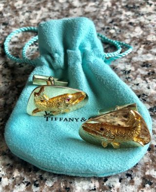 Vintage Tiffany & Co.  Heavy 14k Yellow Gold Ruby Eye Fish Cufflinks Pouch 30 Gr