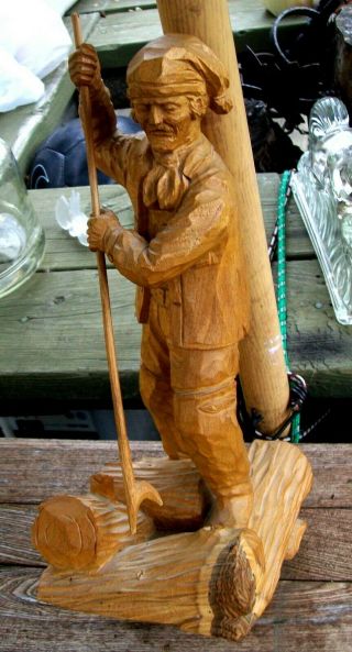Large Signed Marcel Guay Quebec Artisan Logger Hand Carved Wood Statue Caron Era