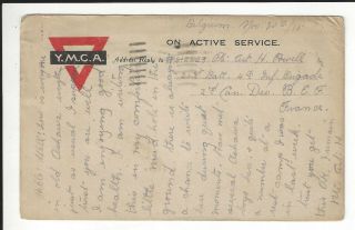 Ymca On Active Service Wwi 1915 Antique Postcard Belgium Canada Triangle Cancel