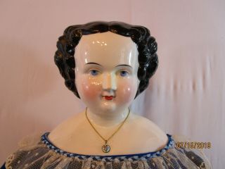 Large Antique Modified Flat Top China Head Lady In Blue Velvet Dress
