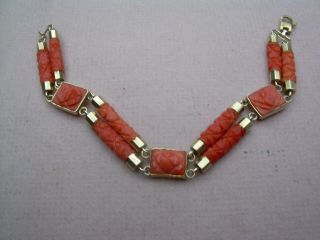 Antique Victorian Carved Natural Red Coral Bracelet 9ct Gold Fittings