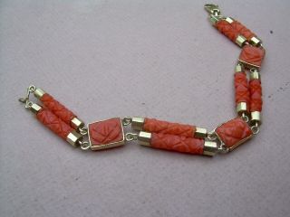 Antique Victorian Carved Natural Red Coral Bracelet 9ct Gold Fittings 2