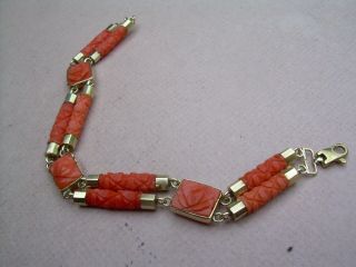 Antique Victorian Carved Natural Red Coral Bracelet 9ct Gold Fittings 3