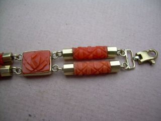 Antique Victorian Carved Natural Red Coral Bracelet 9ct Gold Fittings 6