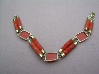 Antique Victorian Carved Natural Red Coral Bracelet 9ct Gold Fittings 7