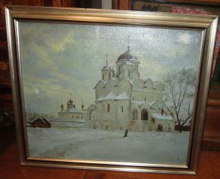 Orig.  Vintage Russian Oil Painting Of Orthodox Church In Snow,  Signed