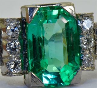 Rare Art - Deco French 18k W.  Gold Certified 2.  42ct Colombian Emerald&diamonds Ring