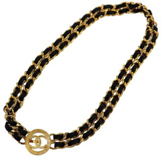 Chanel Cc Logos Gold Chain Belt Black Leather France Vintage Authentic U893 W