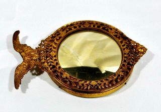 Antique Small Convex Mirror Gold Finish Brass Ornate Frame W/ Eagle