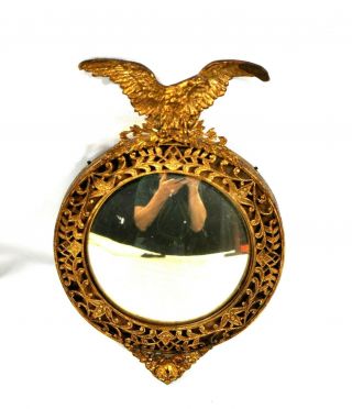 Antique Small Convex Mirror Gold Finish Brass Ornate Frame w/ Eagle 2