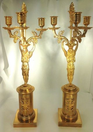 Antique " Isis " Egyptian Revival French Empire Bronze Dore Three - Arm Candelabras