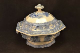 Antique Blue & White Covered Vegetable Dish,  Staffordshire Nd0943