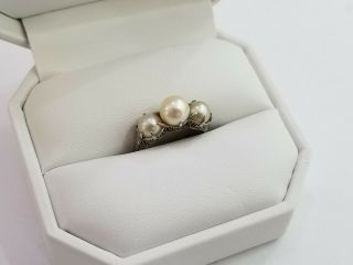 Antique Filligree Platinum & Three Stone Pearl & Diamond Ring Size 4