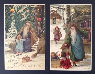 Vintage Hold - To - Light Santa Postcards (2) Signed Mailick,  Purple & Green Suits