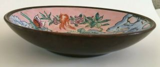 Vintage Chinese Porcelain on bronze bowl dish Pink Famille Rose Butterfly Insect 3