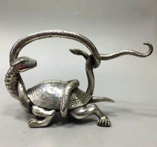 Collectable Antique Tibet Silver Hand Carve 2 Myth Animal Tussle Precious Statue