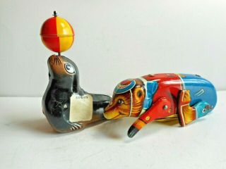 Lehmann Gesch Tin Windup Toys Sea Lion Tumbling Bear Western Germany 1950s 60s