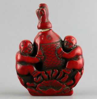Collectable Antique Red Coral Hand Carve Fairchild & Fish Delicate Snuff Bottle