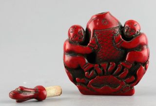 Collectable Antique Red Coral Hand Carve Fairchild & Fish Delicate Snuff Bottle 5