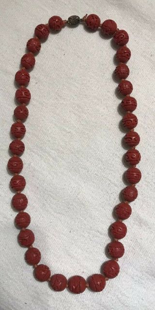 Vintage Carved Cinnabar Bead Necklace Silver Clasp 25 Inch