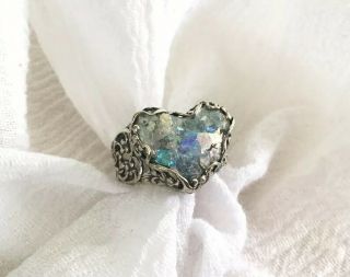 Or Paz Ancient Roman Glass Sterling Silver Heart Ring - Nwot - Size 6