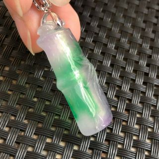 Rare Chinese S925 Silver & Natural Jadeite Jade Ice Color Bamboo Joint Pendant 2