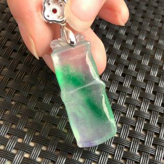 Rare Chinese S925 Silver & Natural Jadeite Jade Ice Color Bamboo Joint Pendant 8