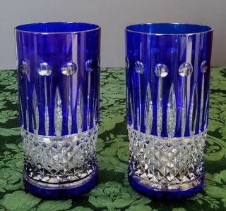 Baccarat Vintage 60 ' s Crystal Tumblers 2 Cobalt Cut To Clear Diamond Pattern 10